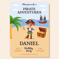 Pirate invitation. Birthday party invitation with pirate elements. Greeting card, postcard, poster.