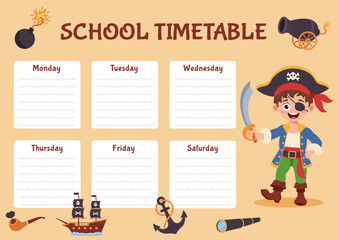 Pirate school timetable, lesson schedule. Timetable with pirate elements.