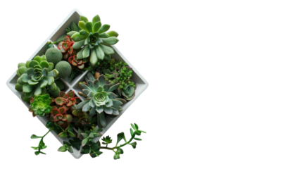 A variety of colorful succulents arranged in a decorative planter on a minimalist surface during natural light on transparent background