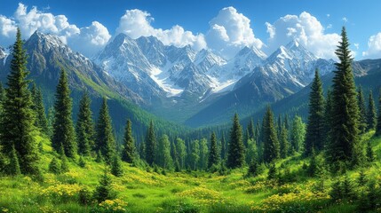 Fototapeta premium A serene mountain landscape with lush greenery, towering peaks, and a clear blue sky.