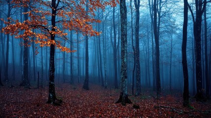 Obraz premium Enchanted Autumn Forest: A Mystical Scene of Blue Hues and Falling Leaves