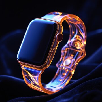 holographic transparent crystal electronic square square watch on dark background