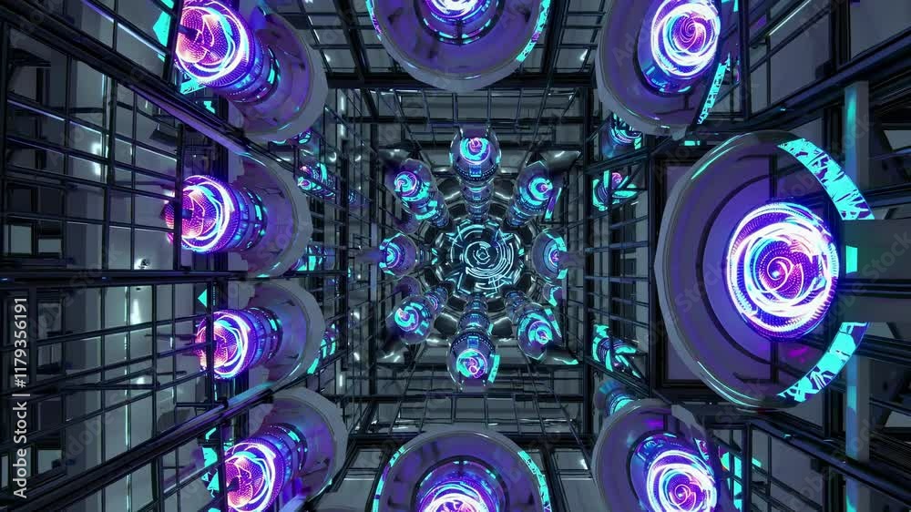 Poster exploring a futuristic tunnel with glowing abstract structures and dynamic light displays