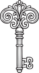 Classic Antique Key in Line Art. Elegant Ornate Shape Vector Illustration