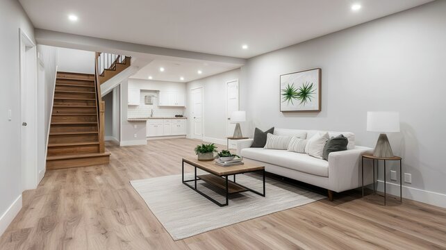 Modern Finished Basement Living Room Interior Design with Wooden Stairs Light Hardwood Floors White