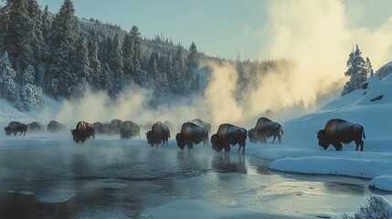A herd of bison creating a steam-filled oasis around a hot spring in a snowy landscape.