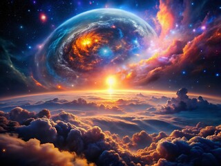 Fototapeta premium Celestial Nebula Swirls: Breathtaking Aerial View of Cosmic Dust and Gas Clouds