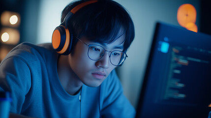 Asian programmer leaning forward in concentration, headphones on, while debugging code on a high-resolution laptop screen.