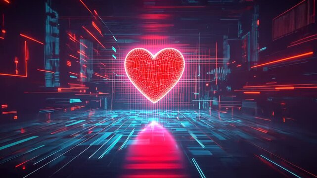 Bright heart symbol glowing in a futuristic digital environment with vibrant lines and grids