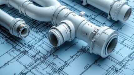 White PVC pipes and fittings on blueprint.