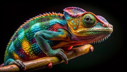 Obraz premium Chameleon on Black Background: Striking Lizard Gecko Portrait
