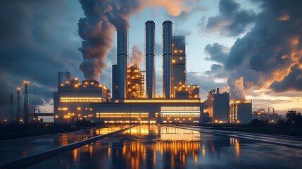 Modern industrial facility showcases clean energy architecture with white buildings, stainless steel chimneys, and dramatic dusk lighting. Landscaped surroundings complement glowing lights.