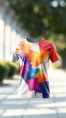 Colorful geometric pattern T-shirt with vibrant gradient design.
