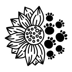 Sunflower silhouette with pet paw prints replacing leaves, ideal for pet lovers' designs, vector format for creative use