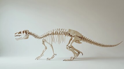 realistic photo of a dinosaur skeleton displayed side view, showcasing the entire structure from...