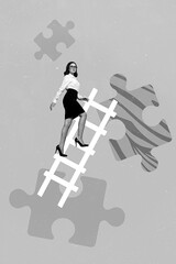 Collage artwork graphics picture of serious lady walking arrows up completing jigsaw puzzle isolated painting background