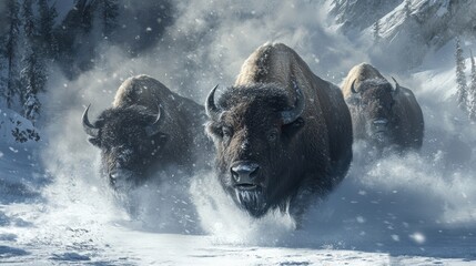A herd of bison plowing through chest-deep snow, steam rising from their massive bodies in the frigid air.