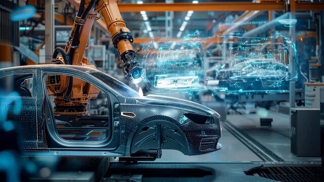 Futuristic Car Manufacturing: Robots and Automation Streamlining Production in a High-Tech Factory