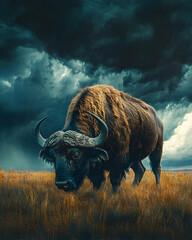 Majestic African buffalo standing in tall grass under a dramatic stormy sky.  Powerful, wild animal in its natural habitat.