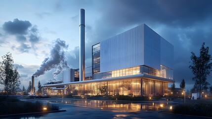 Modern industrial facility showcases clean energy architecture with white buildings, stainless steel chimneys, and dramatic dusk lighting. Landscaped surroundings complement glowing lights.