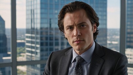 Fototapeta premium Man with a pale complexion seated in an office with a striking city skyline reflecting a busy afternoon atmosphere and determination in his serious expression