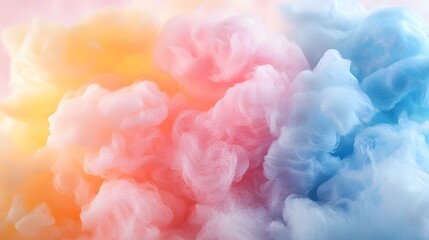 Fototapeta premium Dreamy cotton candy macro shot highlights pastel pink, blue, and yellow colors with fluffy texture and soft focus effect, creating whimsical dessert atmosphere.