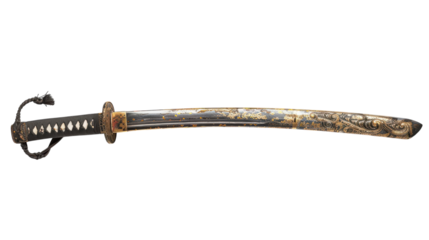 Elegant antique sword with intricate designs and a distinctive hilt displayed on a clean background on transparent background