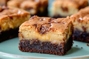 Deliciously Rich Brownie Dessert with Creamy Filling on a Plate Surrounded by Soft Focus Brownies in Background Ideal for Dessert Lovers and Food Enthusiasts