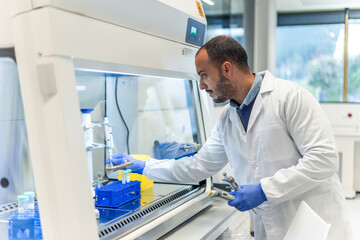 Scientist working with test tubes and multichannel pipette in laboratory fume hood