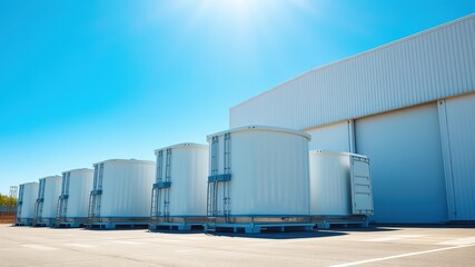 Modern Industrial Battery Storage Facility - Large White Containers - Warehouse - Blue Sky - AI Photo