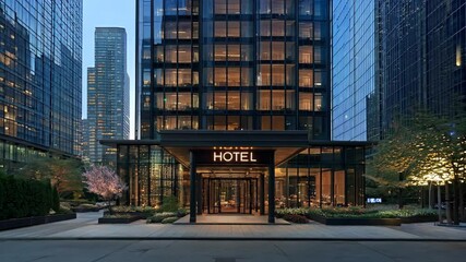 A stylish hotel entrance framed by towering glass buildings and lush greenery, illuminated by warm lights in a bustling urban setting.