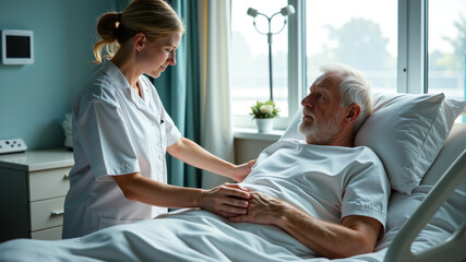 Nurse helping elderly man in hospital bed in bright medical room, concept of compassion and caregiving