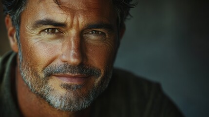 Obraz premium Portrait of a smiling man with rugged features and a warm expression in natural light. Generative AI