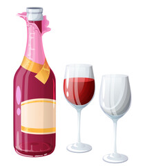 Red Wine Bottle with Filled & Empty Wine Glasses. Romantic Drink Vector Art