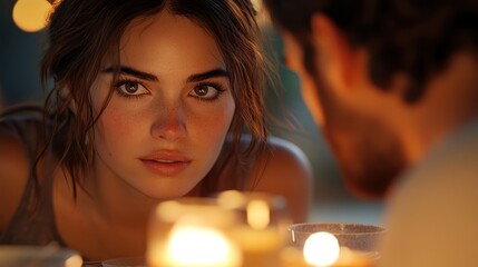 Captivating gaze exchanged during an intimate candlelit dinner at dusk. Generative AI