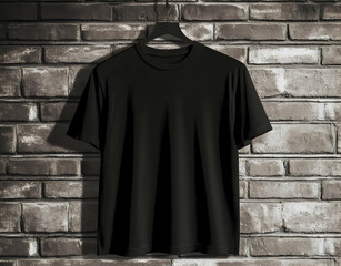 Naklejka premium Black T-shirt mockup on a hanger with a brick wall background for design and print artwork