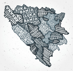 Bosnia and Herzegovina regions word clouds. Country shape on textured background. Bosnia and Herzegovina design in typographic style. Classy vector illustration.
