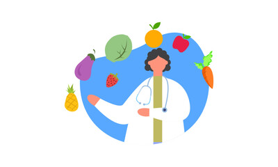 Nutritionist woman with weight loss program and diet plan. Healthy food, vitamins, sport icons