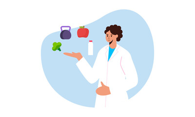 Nutritionist woman with weight loss program and diet plan. Healthy food, vitamins, sport icons