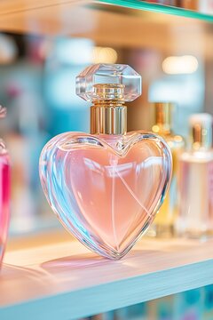 Luxury Perfume in a Heart-Shaped Glass Bottle on a Drugstore Shelf, Potion of Love for Valentine's Day, February 14th Special Edition.
