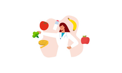 Nutritionist woman with weight loss program and diet plan. Healthy food, vitamins, sport icons