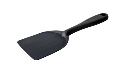 Simple black cooking spatula resting on a clean white surface, showcasing its sleek design and versatile kitchen use on transparent background
