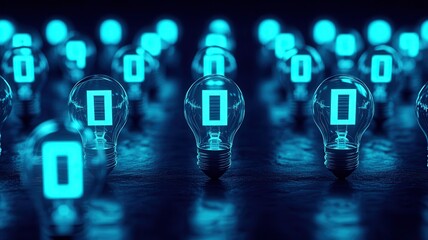 Illuminated bulbs displaying digital zeroes in a futuristic setting.