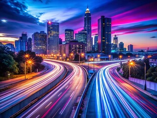 Obraz premium City Lights Long Exposure, Blurred Urban Night Scene, Streaks of Light, Glowing Metropolis