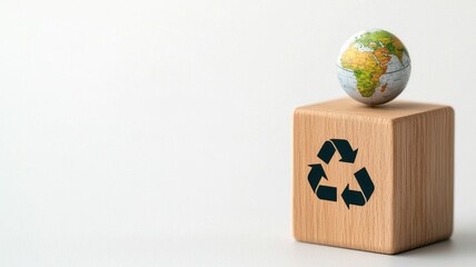 Eco-friendly globe on wooden block with recycling symbol.