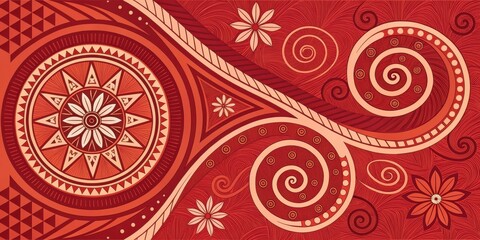 Intricate Red and Peach Floral Mandala Design with Swirls and Geometric Shapes