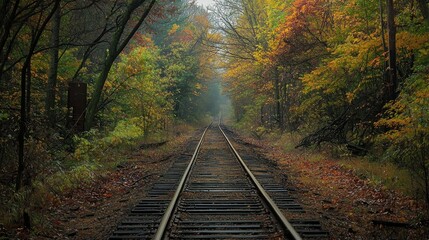 Fototapeta premium Autumnal Railroad Journey: A Serene Passage Through Vibrant Foliage