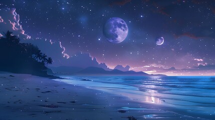 The atmosphere of the beach at night with the sparkling lights of the stars and planets.