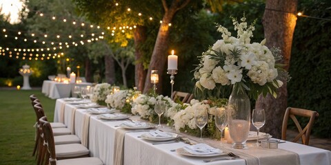 Fototapeta premium Elegant Outdoor Wedding Reception Table Setting with White Floral Arrangements and String Lights