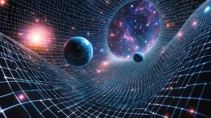 creative visualization of gravity wells around planets and stars in a grid-like space-time fabric.